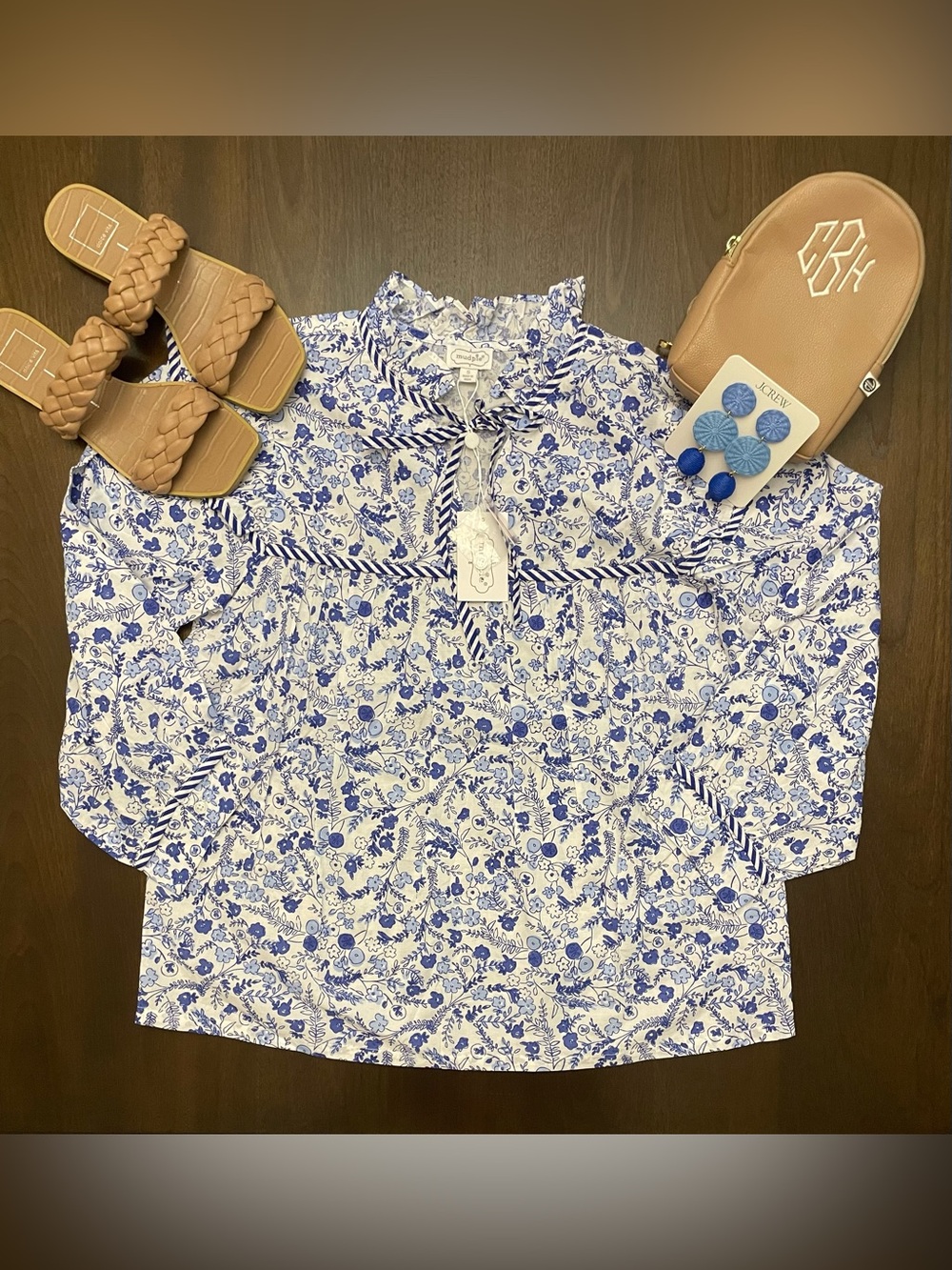 Mud Pie White & Blue Floral Ruffle-Neck Blouse